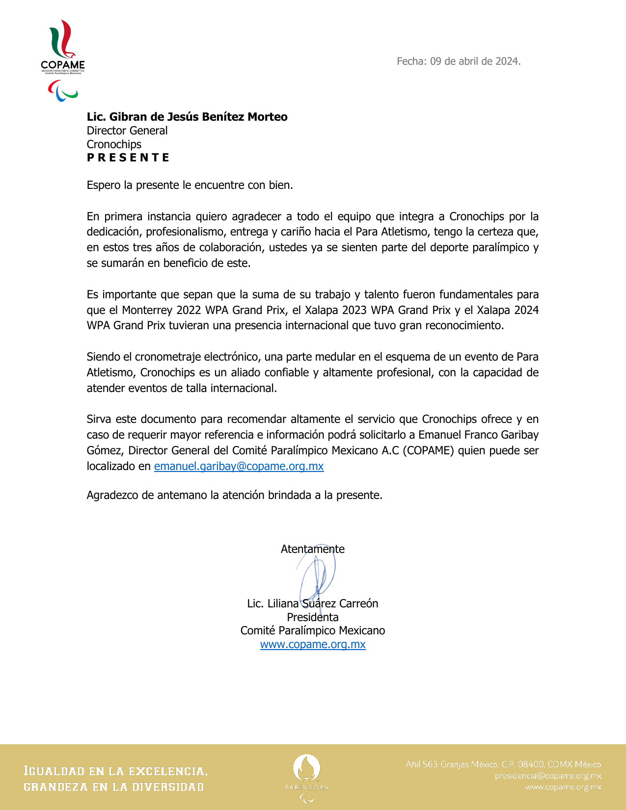 COPAME Recommendation Letter